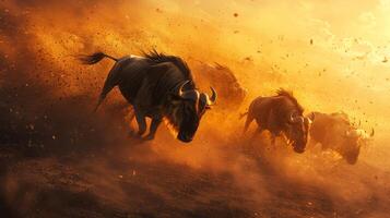 Majestic wildebeest stampede at sunset in dusty savannah landscape photo