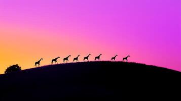 Silhouetted giraffes at sunset on rolling hill with vibrant gradient sky photo