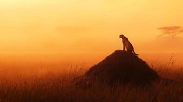 Cheetah resting on mound at sunset in african savannah photo