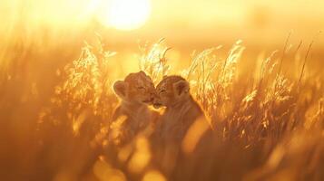 Lion cubs in golden sunset grasslands photo