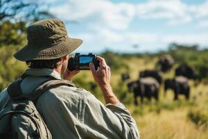 Caucasian male adult photographing elephants in african savanna photo