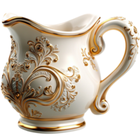 White Porcelain Pitcher Gold Handle Elegant Design Vintage Style Luxurious Tableware Essential png