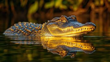 Alligator swimming in golden light of marsh at dusk photo
