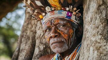 Elderly african male with traditional face paint and headdress in natural setting photo