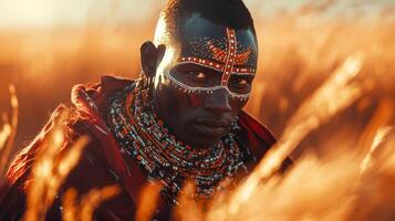 African male in traditional beaded attire amidst golden grasses photo