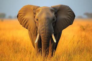 Majestic elephant in golden savannah at sunset photo