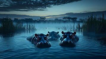 Tranquil evening with three hippos in misty african wetland landscape photo