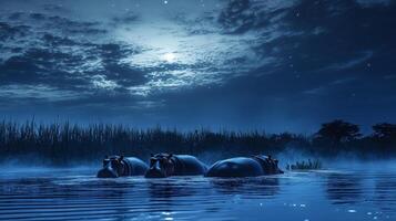 Tranquil night scene with hippos in misty river under moonlit sky photo