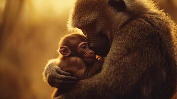 Tender embrace between mother and baby baboon at sunset photo