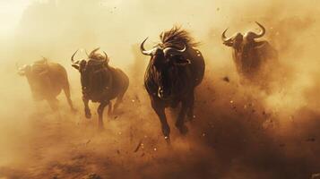 Wild african wildebeest herd galloping through dusty plains in dramatic scene photo