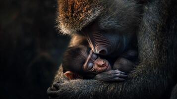 Tender moment between adult baboon and sleeping infant in natural habitat photo