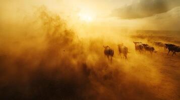 Dramatic wildebeest migration at sunset in dusty savannah landscape photo