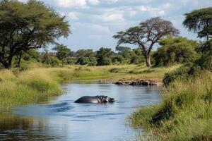 Hippo in serene african river with lush vegetation and acacia trees photo