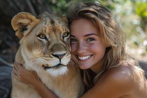 Young caucasian female embraces lioness in natural setting photo