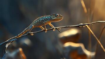 Chameleon balancing on branch in natural habitat at sunset photo