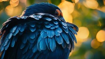 Vibrant blue bird with feathers in golden light at sunrise photo