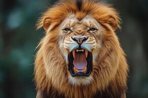 Majestic male lion roaring in wilderness with fierce expression and luxurious mane photo