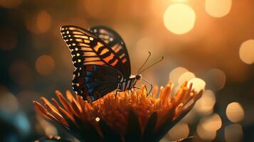 Vibrant butterfly resting on a sunlit flower in golden light photo
