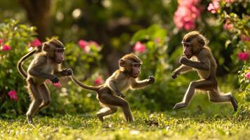 Playful young baboons frolicking in lush garden with colorful flowers photo
