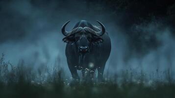 Majestic water buffalo standing in mysterious misty forest clearing at dusk photo