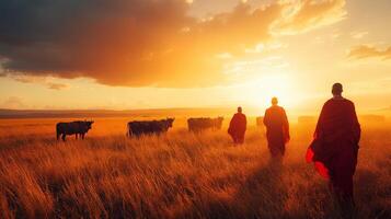 Maasai journey at sunset across african savanna with cattle photo