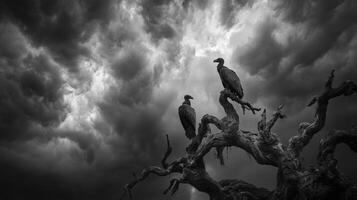 Vultures perched on gnarled tree amidst stormy skies photo