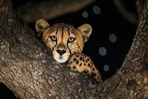 Cheetah resting on tree branch at night under starry sky photo