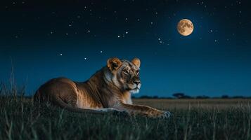 Lioness resting under starry night sky with full moon in open savanna photo
