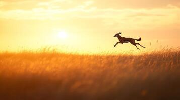 Graceful gazelle leaping through golden sunset grasslands photo
