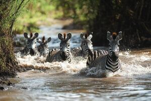 Group of zebras crossing river in african savanna photo