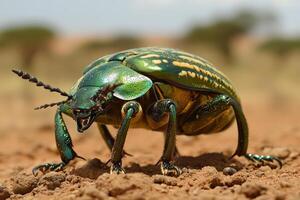 Vibrant jewel beetle on arid terrain in natural habitat photo