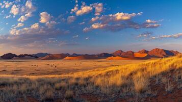 Majestic namib desert landscape with dunes and grazing wildlife under cloudy sky photo