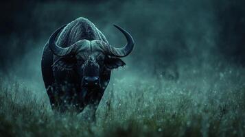 Majestic african buffalo grazing in misty grasslands at dusk photo