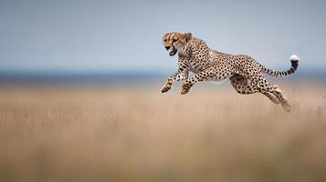 Cheetah leaping across the savannah photo