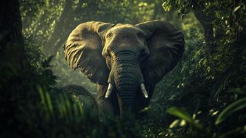 Majestic elephant in lush forest habitat at dawn photo
