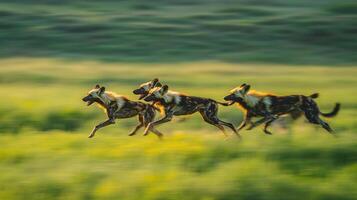 Three african wild dogs running in sunlit grasslands photo