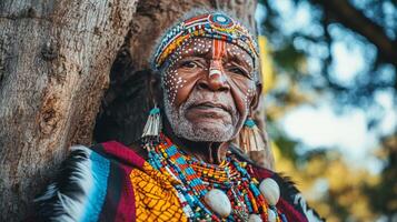 Elderly african male in traditional beaded attire and face paint against tree photo