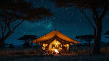 Starlit night in african savannah with illuminated tent and campfire photo