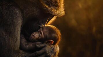 Tender moment between mother and baby gorilla in warm light photo