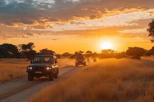 Sunset safari with suvs on dusty african trail in vibrant landscape photo