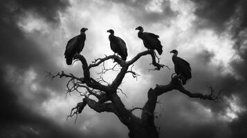Silhouetted vultures perched on bare tree against ominous sky photo