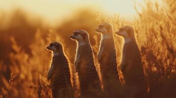 Four meerkats standing tall in golden sunset light photo