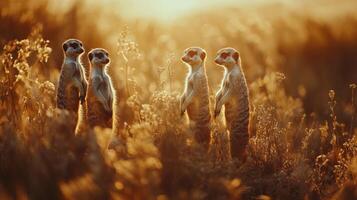 Group of meerkats standing in golden field at sunset photo