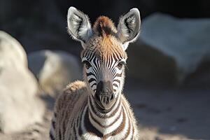 Adorable baby zebra in sunlit habitat with striking stripes photo