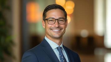 Confident young caucasian male professional in business attire smiling indoors photo