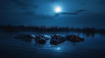 Hippos in moonlit lake under night sky silhouette photo