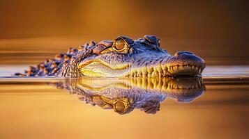 Crocodile in golden water at sunset creating stunning reflection photo