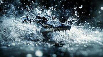 Ferocious crocodile surging through water with powerful splash photo