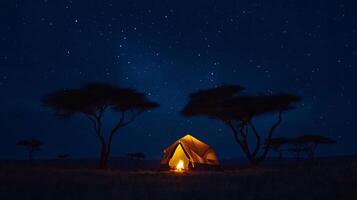 Starry night camping in african savanna with illuminated tent and acacia trees photo