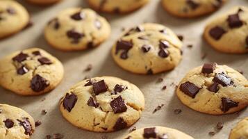 Freshly baked chocolate chunk cookies on baking tray photo